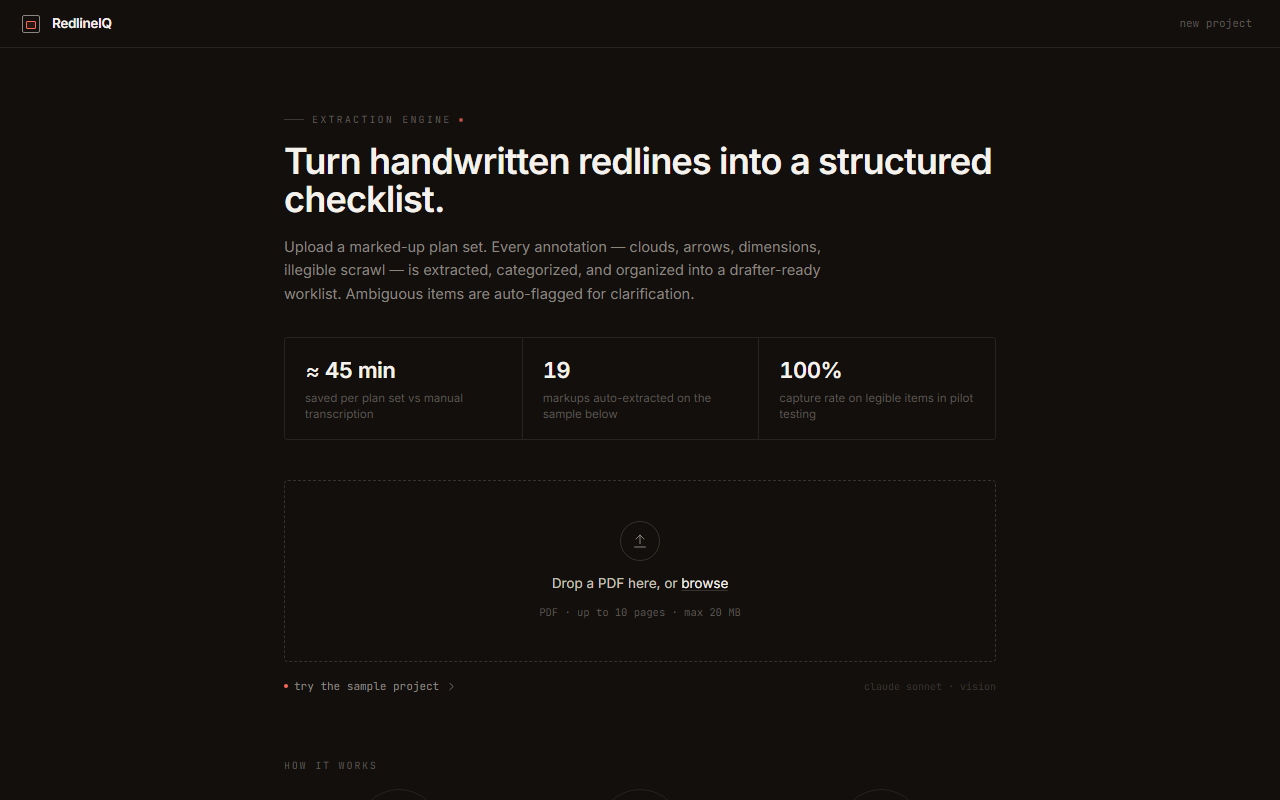 RedlineIQ — upload a redlined PDF, get a structured drafter checklist with 100% capture rate on legible items
